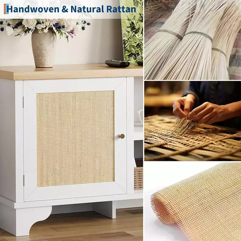 Mueble de TV de 70 pulgadas, Mueble de TV de ratán para sala de estar, Centro de entretenimiento boho, Gabinete consola de madera con almacenamiento y estante.