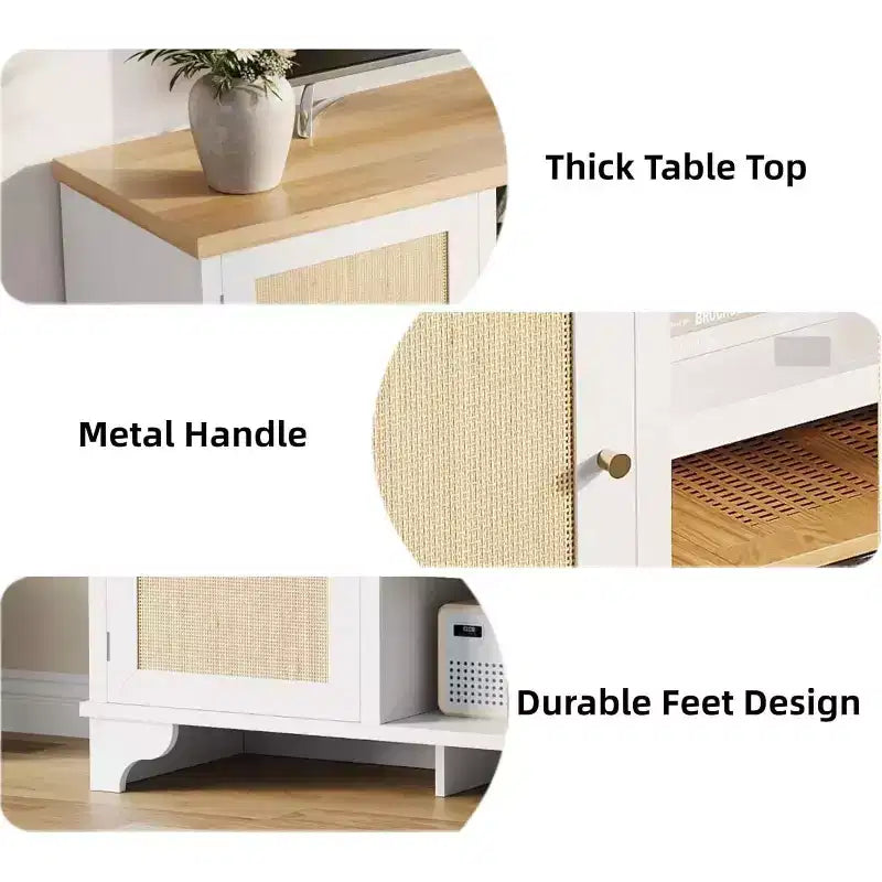 Mueble de TV de 70 pulgadas, Mueble de TV de ratán para sala de estar, Centro de entretenimiento boho, Gabinete consola de madera con almacenamiento y estante.