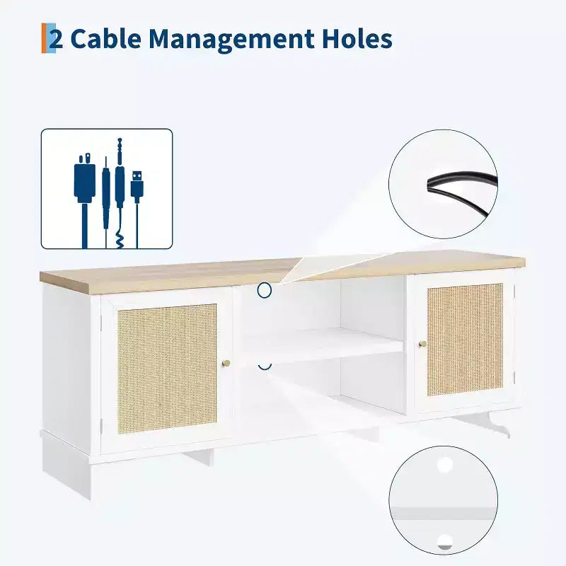 Mueble de TV de 70 pulgadas, Mueble de TV de ratán para sala de estar, Centro de entretenimiento boho, Gabinete consola de madera con almacenamiento y estante.