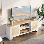 Mueble de TV de 70 pulgadas, Mueble de TV de ratán para sala de estar, Centro de entretenimiento boho, Gabinete consola de madera con almacenamiento y estante.
