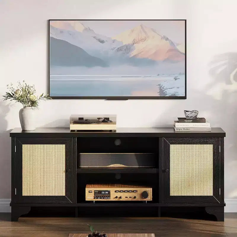 Mueble de TV de 70 pulgadas, Mueble de TV de ratán para sala de estar, Centro de entretenimiento boho, Gabinete consola de madera con almacenamiento y estante.