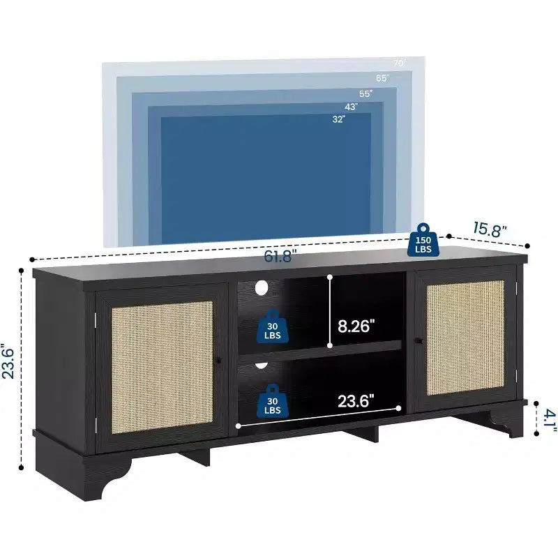 Mueble de TV de 70 pulgadas, Mueble de TV de ratán para sala de estar, Centro de entretenimiento boho, Gabinete consola de madera con almacenamiento y estante.