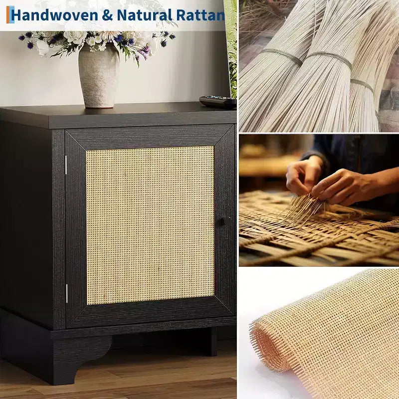 Mueble de TV de 70 pulgadas, Mueble de TV de ratán para sala de estar, Centro de entretenimiento boho, Gabinete consola de madera con almacenamiento y estante.