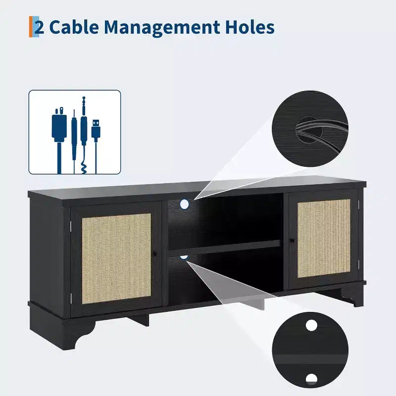Mueble de TV de 70 pulgadas, Mueble de TV de ratán para sala de estar, Centro de entretenimiento boho, Gabinete consola de madera con almacenamiento y estante.