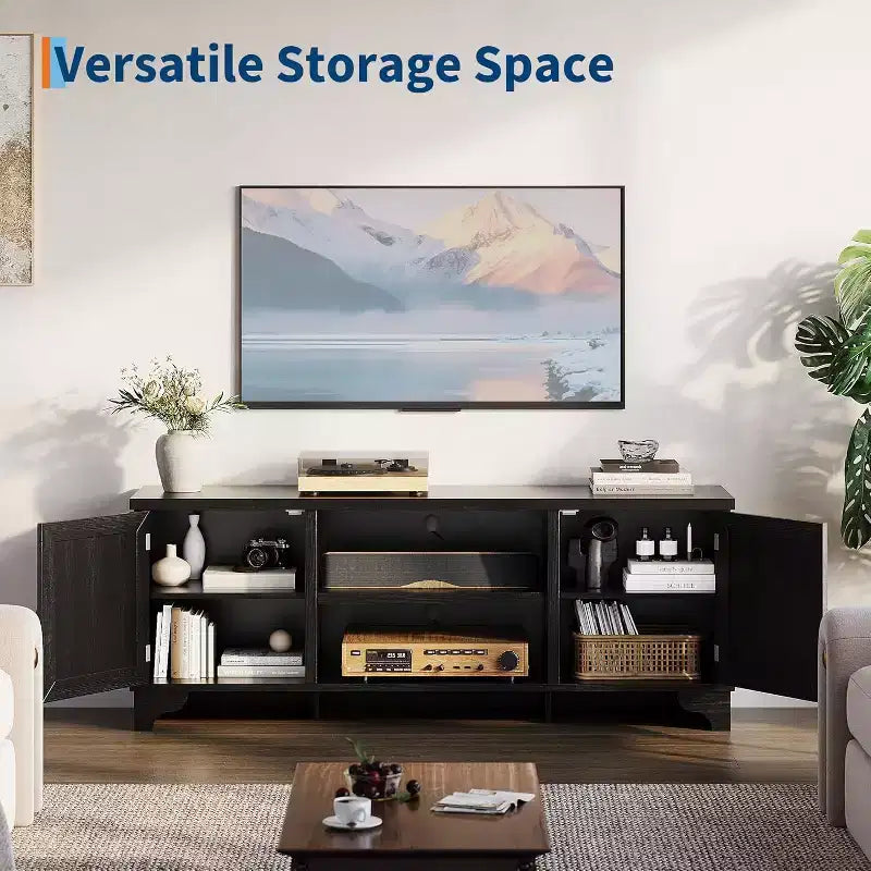 Mueble de TV de 70 pulgadas, Mueble de TV de ratán para sala de estar, Centro de entretenimiento boho, Gabinete consola de madera con almacenamiento y estante.