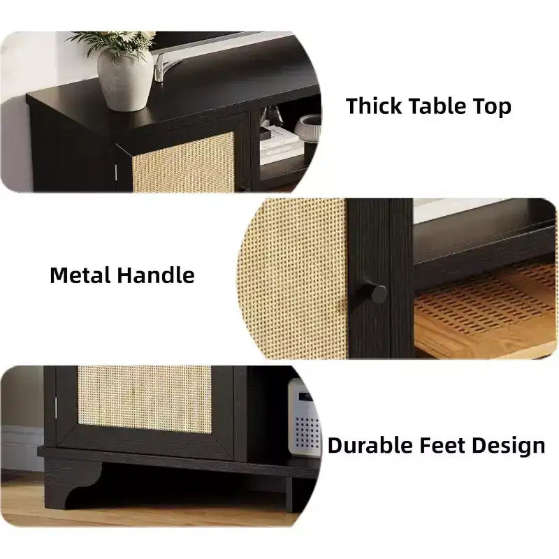 Mueble de TV de 70 pulgadas, Mueble de TV de ratán para sala de estar, Centro de entretenimiento boho, Gabinete consola de madera con almacenamiento y estante.