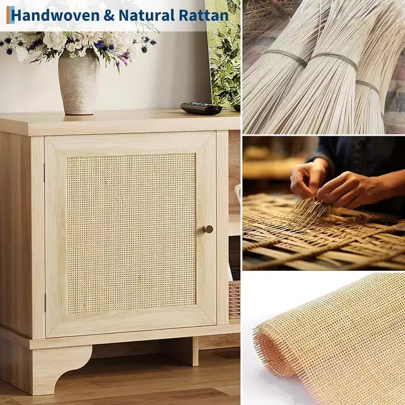 Mueble de TV de 70 pulgadas, Mueble de TV de ratán para sala de estar, Centro de entretenimiento boho, Gabinete consola de madera con almacenamiento y estante.