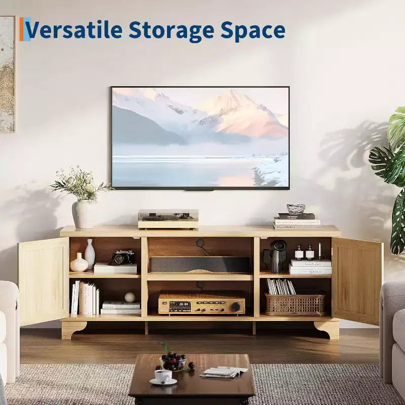 Mueble de TV de 70 pulgadas, Mueble de TV de ratán para sala de estar, Centro de entretenimiento boho, Gabinete consola de madera con almacenamiento y estante.