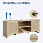 Mueble de TV de 70 pulgadas, Mueble de TV de ratán para sala de estar, Centro de entretenimiento boho, Gabinete consola de madera con almacenamiento y estante.