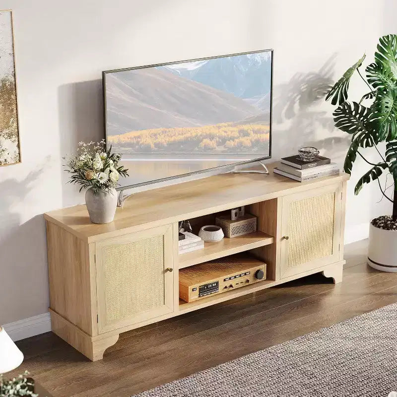 Mueble de TV de 70 pulgadas, Mueble de TV de ratán para sala de estar, Centro de entretenimiento boho, Gabinete consola de madera con almacenamiento y estante.