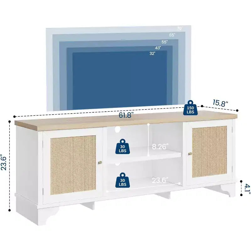 Mueble de TV de 70 pulgadas, Mueble de TV de ratán para sala de estar, Centro de entretenimiento boho, Gabinete consola de madera con almacenamiento y estante.