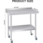 Mesa de acero inoxidable Acekool con ruedas, estación de preparación de alta resistencia de 60x24 pulgadas, salpicadero y estante ajustable para cocina, restaurante, oficina