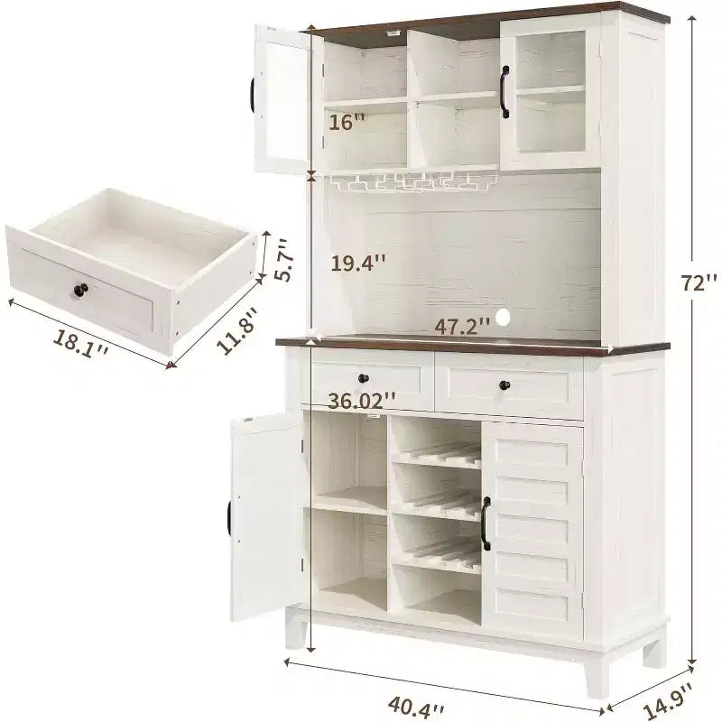 Mueble de despensa de cocina alto Acekool de 183 cm con vitrina, 4 puertas, 2 cajones, botellero y copero, estantes ajustables, gran almacenaje tipo aparador, blanco