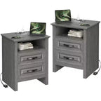 Amada 2 Pack Farmhouse Nightstand with Charging Station, 18.9 Inch Wide Bedside Table with 2 Drawers, USB, 2 AC Outlets, End Table for Bedroom, Gray