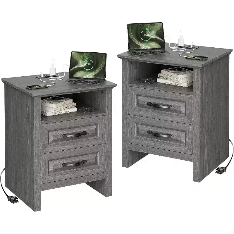 Amada 2 Pack Farmhouse Nightstand with Charging Station, 18.9 Inch Wide Bedside Table with 2 Drawers, USB, 2 AC Outlets, End Table for Bedroom, Gray