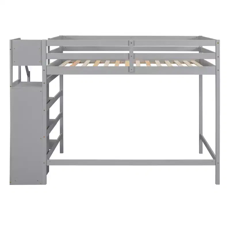 Cama alta de madera de tamaño completo con armario de almacenamiento y escalera incorporados, cama alta multifuncional con escalera y barandillas
