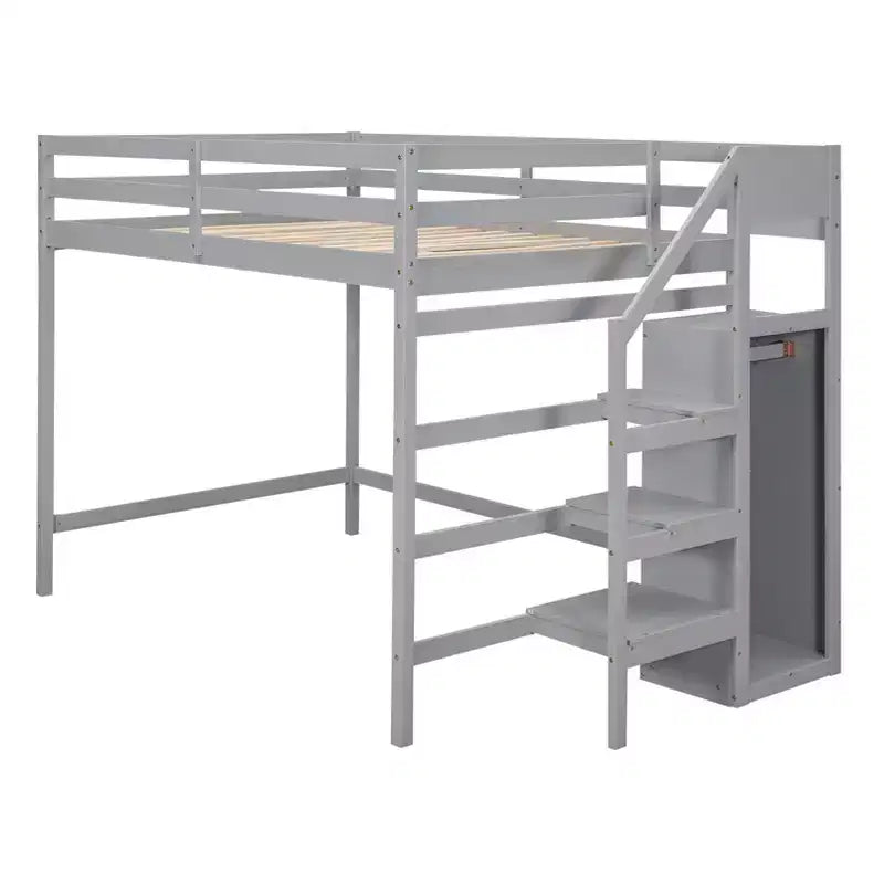 Cama alta de madera de tamaño completo con armario de almacenamiento y escalera incorporados, cama alta multifuncional con escalera y barandillas