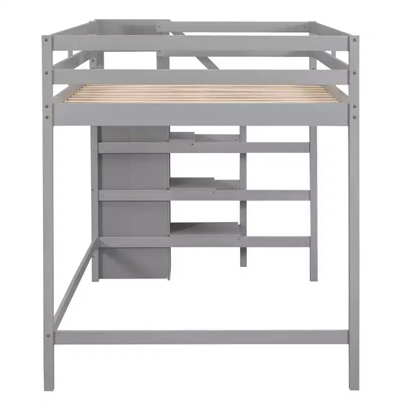 Cama alta de madera de tamaño completo con armario de almacenamiento y escalera incorporados, cama alta multifuncional con escalera y barandillas