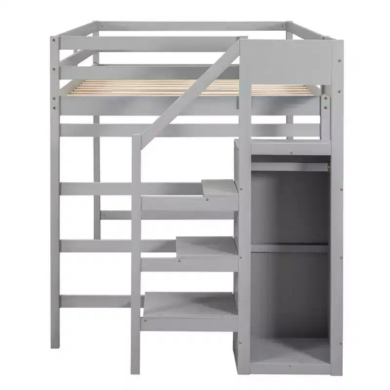 Cama alta de madera de tamaño completo con armario de almacenamiento y escalera incorporados, cama alta multifuncional con escalera y barandillas