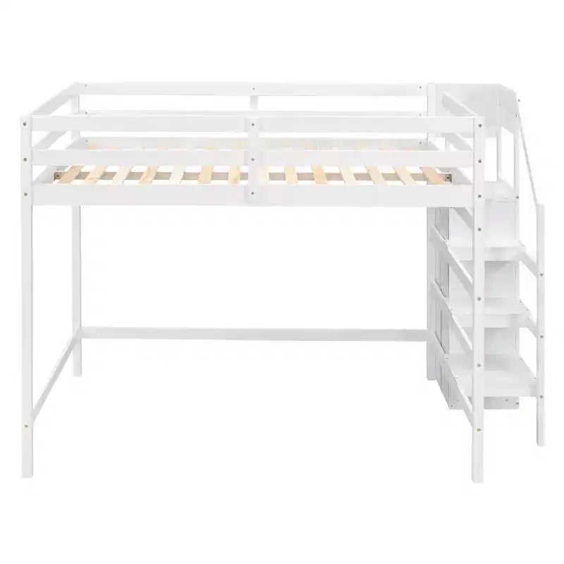 Cama alta de madera de tamaño completo con armario de almacenamiento y escalera incorporados, cama alta multifuncional con escalera y barandillas