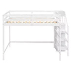 Cama alta de madera de tamaño completo con armario de almacenamiento y escalera incorporados, cama alta multifuncional con escalera y barandillas