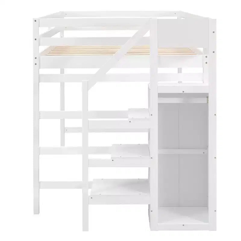 Cama alta de madera de tamaño completo con armario de almacenamiento y escalera incorporados, cama alta multifuncional con escalera y barandillas