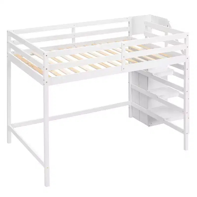 Cama alta de madera de tamaño completo con armario de almacenamiento y escalera incorporados, cama alta multifuncional con escalera y barandillas