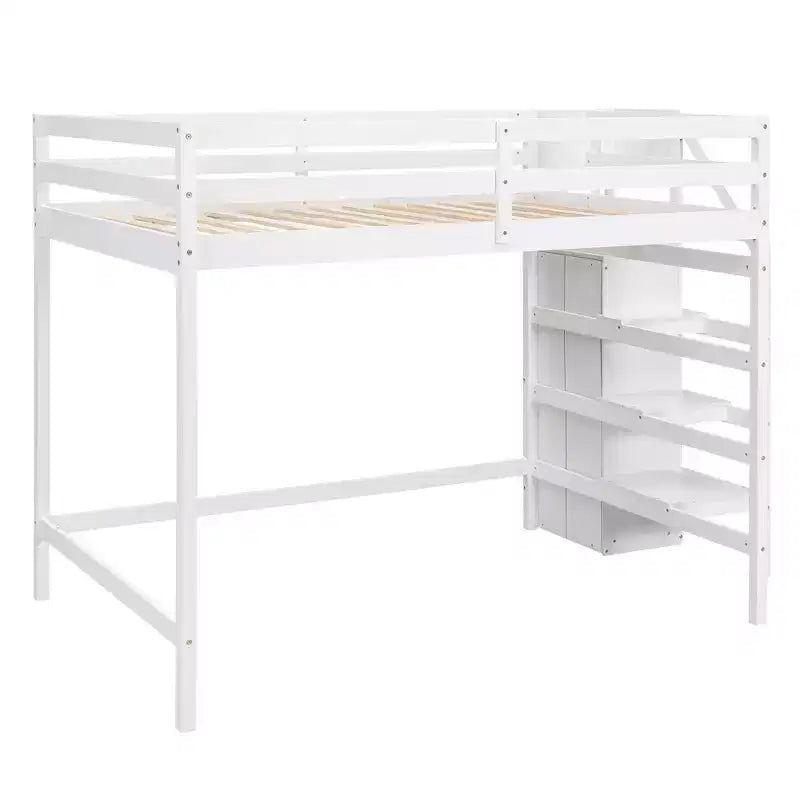 Cama alta de madera de tamaño completo con armario de almacenamiento y escalera incorporados, cama alta multifuncional con escalera y barandillas