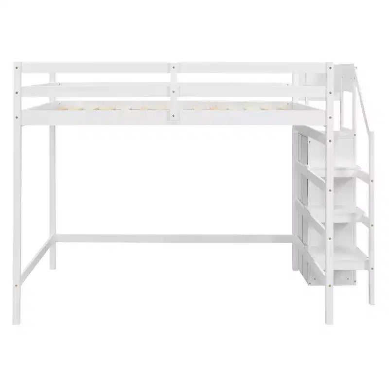 Cama alta de madera de tamaño completo con armario de almacenamiento y escalera incorporados, cama alta multifuncional con escalera y barandillas