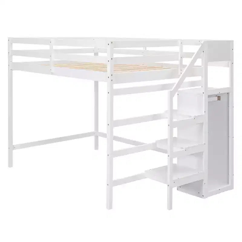 Cama alta de madera de tamaño completo con armario de almacenamiento y escalera incorporados, cama alta multifuncional con escalera y barandillas