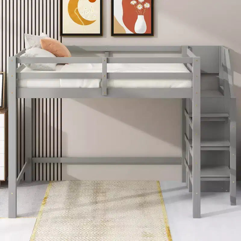 Cama alta de madera de tamaño completo con armario de almacenamiento y escalera incorporados, cama alta multifuncional con escalera y barandillas