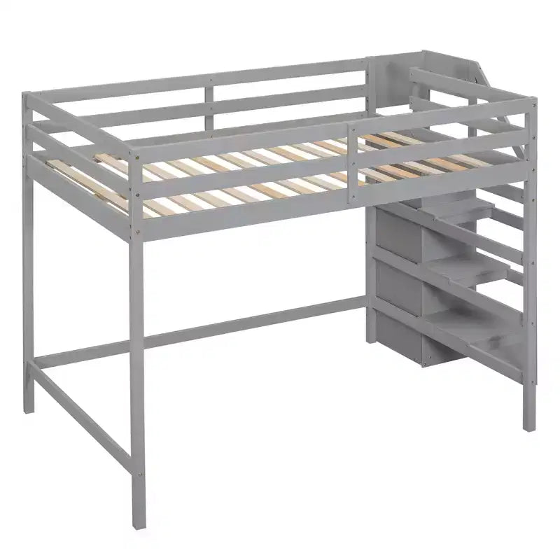 Cama alta de madera de tamaño completo con armario de almacenamiento y escalera incorporados, cama alta multifuncional con escalera y barandillas