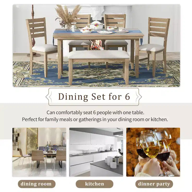 GDFStudio Mark Juego de comedor de madera maciza de 6 piezas con mesa y sillas