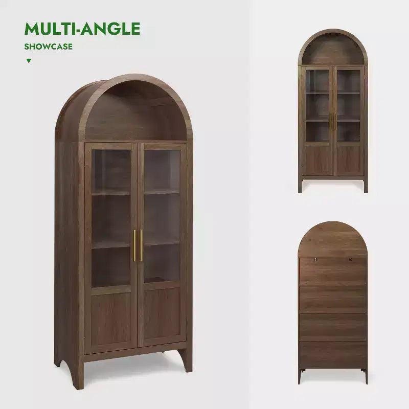 NEWLAYOUT 71 Gabinete de madera alto, Gabinete de almacenamiento arqueado con 2 puertas y estantes para sala de estar