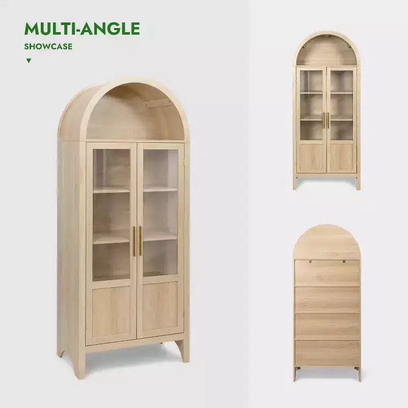 NEWLAYOUT 71 Gabinete de madera alto, Gabinete de almacenamiento arqueado con 2 puertas y estantes para sala de estar