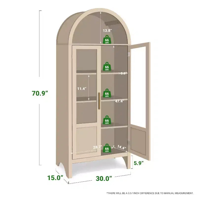 NEWLAYOUT 71 Gabinete de madera alto, Gabinete de almacenamiento arqueado con 2 puertas y estantes para sala de estar