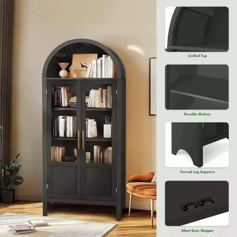 NEWLAYOUT 71 Gabinete de madera alto, Gabinete de almacenamiento arqueado con 2 puertas y estantes para sala de estar