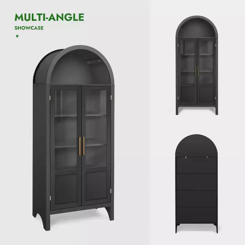 NEWLAYOUT 71 Gabinete de madera alto, Gabinete de almacenamiento arqueado con 2 puertas y estantes para sala de estar