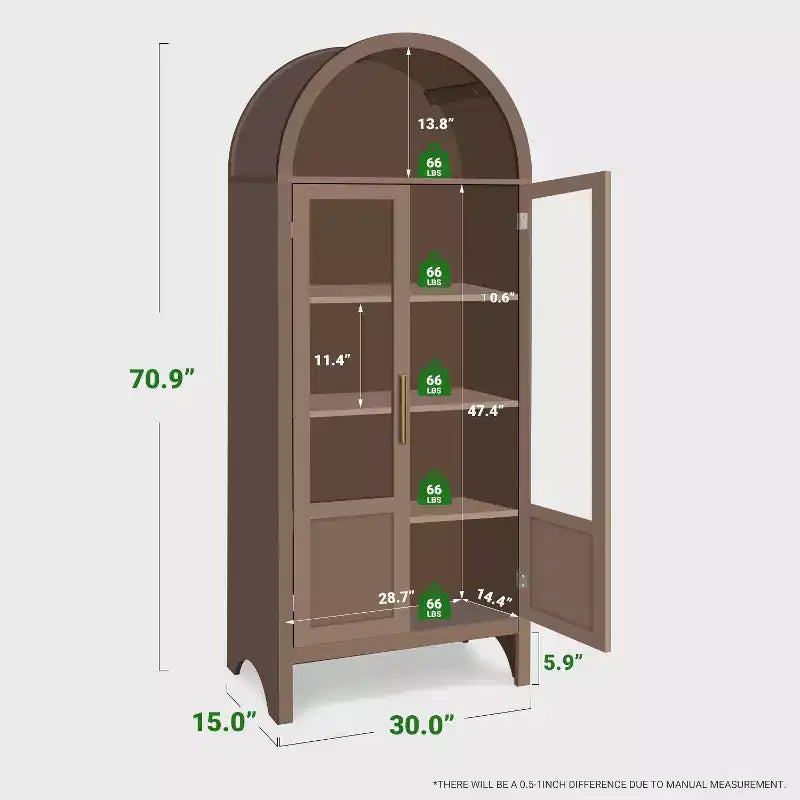 NEWLAYOUT 71 Gabinete de madera alto, Gabinete de almacenamiento arqueado con 2 puertas y estantes para sala de estar