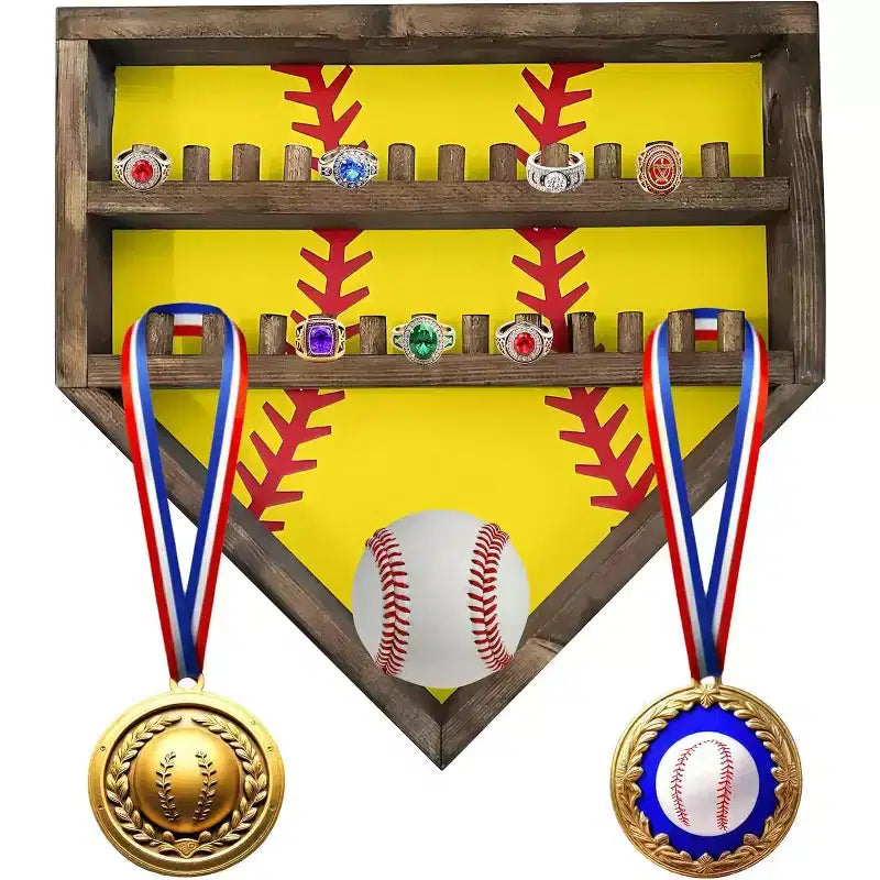 Estuche expositor para anillos de béisbol, soporte de madera para anillos de béisbol, soporte para anillos de campeonato de sóftbol, organizador de anillos de béisbol montado en la pared para recuerdos de medallas
