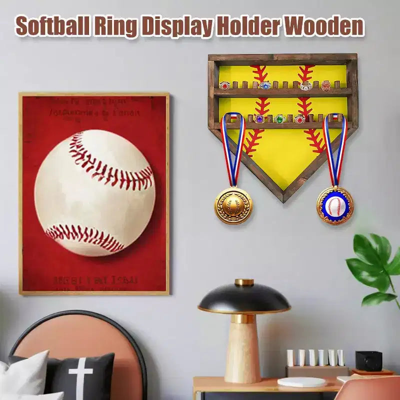 Estuche expositor para anillos de béisbol, soporte de madera para anillos de béisbol, soporte para anillos de campeonato de sóftbol, organizador de anillos de béisbol montado en la pared para recuerdos de medallas