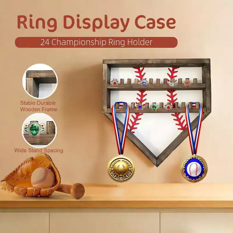 Estuche expositor para anillos de béisbol, soporte de madera para anillos de béisbol, soporte para anillos de campeonato de sóftbol, organizador de anillos de béisbol montado en la pared para recuerdos de medallas