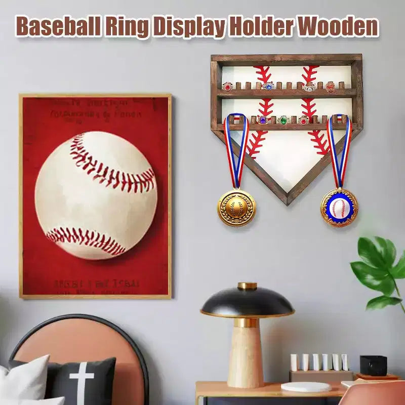 Estuche expositor para anillos de béisbol, soporte de madera para anillos de béisbol, soporte para anillos de campeonato de sóftbol, organizador de anillos de béisbol montado en la pared para recuerdos de medallas