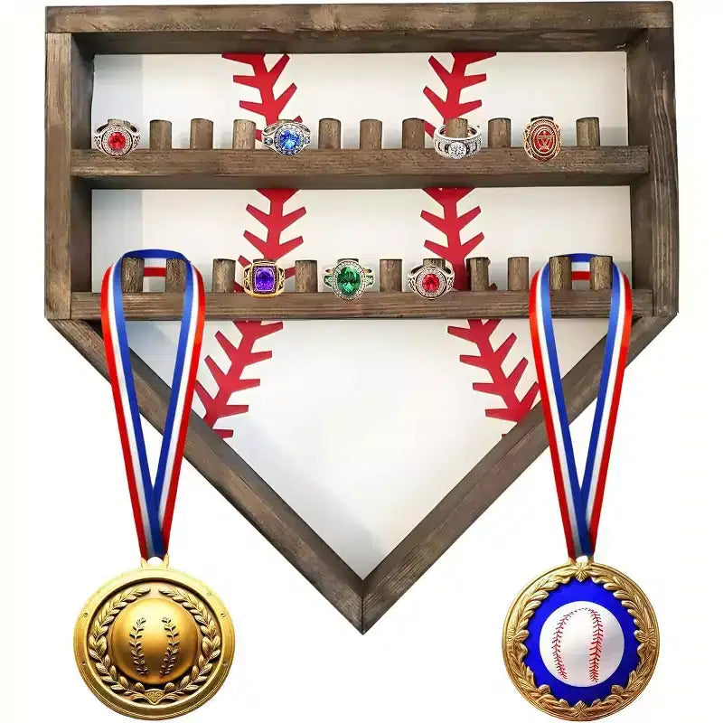 Estuche expositor para anillos de béisbol, soporte de madera para anillos de béisbol, soporte para anillos de campeonato de sóftbol, organizador de anillos de béisbol montado en la pared para recuerdos de medallas