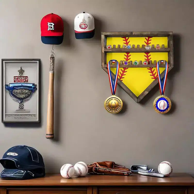 Estuche expositor para anillos de béisbol, soporte de madera para anillos de béisbol, soporte para anillos de campeonato de sóftbol, organizador de anillos de béisbol montado en la pared para recuerdos de medallas