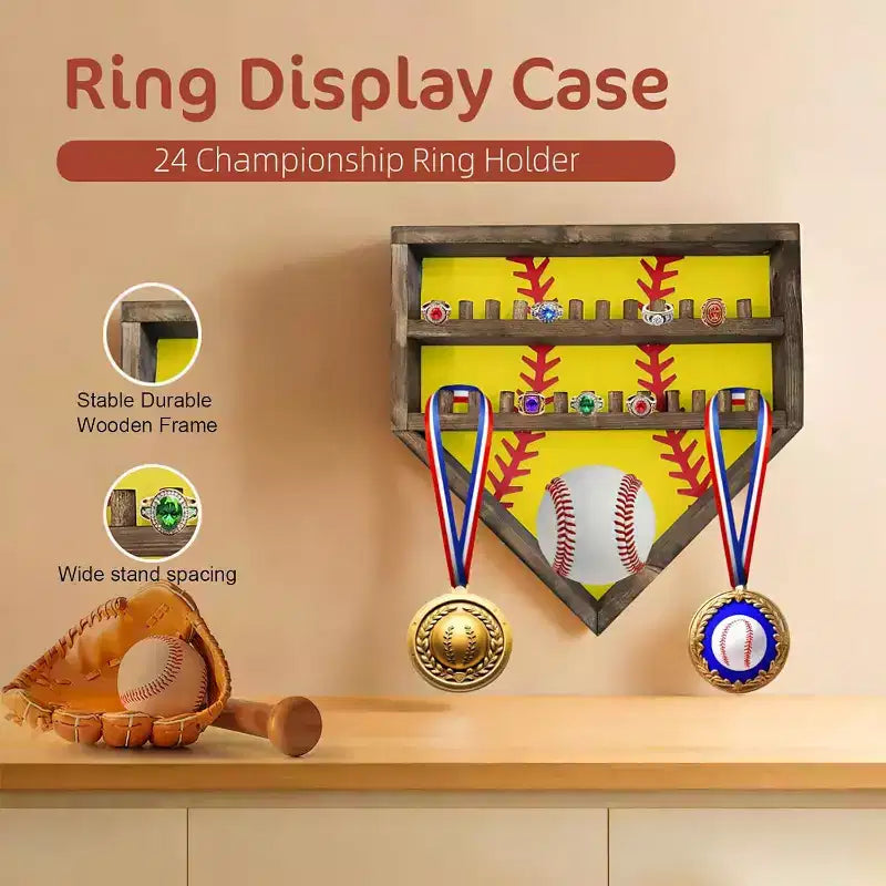 Estuche expositor para anillos de béisbol, soporte de madera para anillos de béisbol, soporte para anillos de campeonato de sóftbol, organizador de anillos de béisbol montado en la pared para recuerdos de medallas