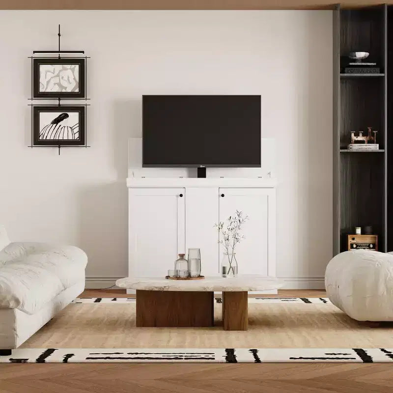Estación de juegos Famapy Smart Lift, altura ajustable, control inteligente/orificios dobles para gestión de cables, ideal para pantallas de 50 pulgadas en salas de juegos/entretenimiento en el hogar