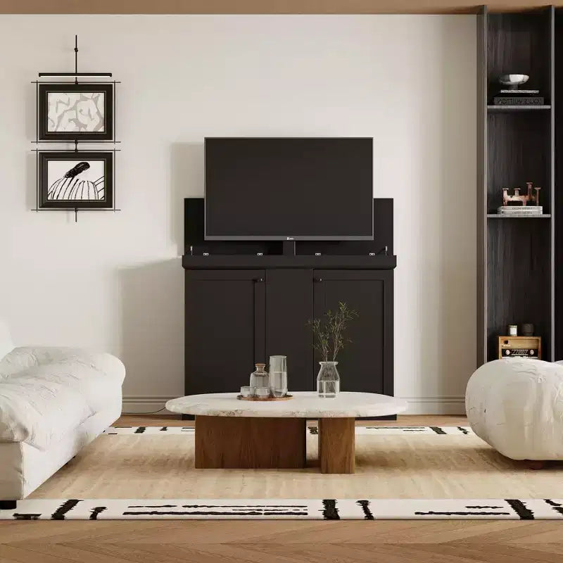 Estación de juegos Famapy Smart Lift, altura ajustable, control inteligente/orificios dobles para gestión de cables, ideal para pantallas de 50 pulgadas en salas de juegos/entretenimiento en el hogar