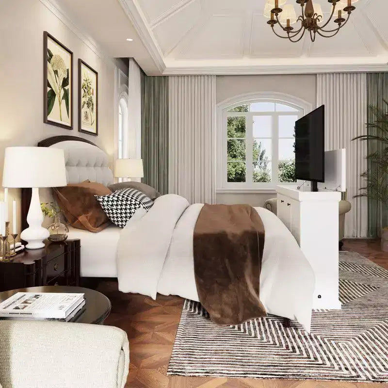 Estación de juegos Famapy Smart Lift, altura ajustable, control inteligente/orificios dobles para gestión de cables, ideal para pantallas de 50 pulgadas en salas de juegos/entretenimiento en el hogar