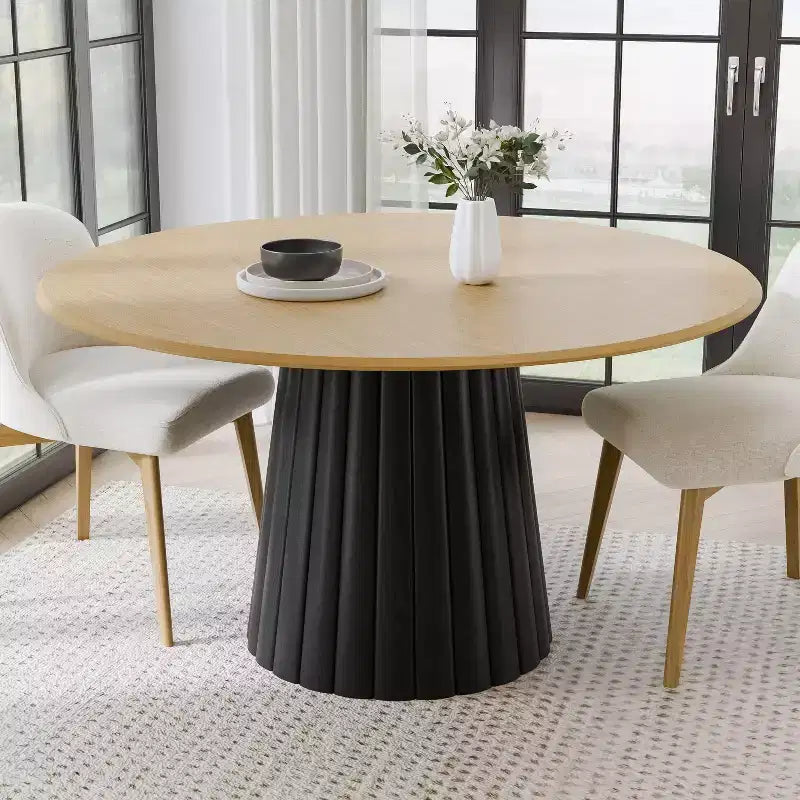 PexFix 52 Mesa de comedor redonda de madera, mesa de cocina para 4-6 personas con tablero de borde en forma de arco y base cónica texturizada para sala de estar/comedor, café, oficina, natural